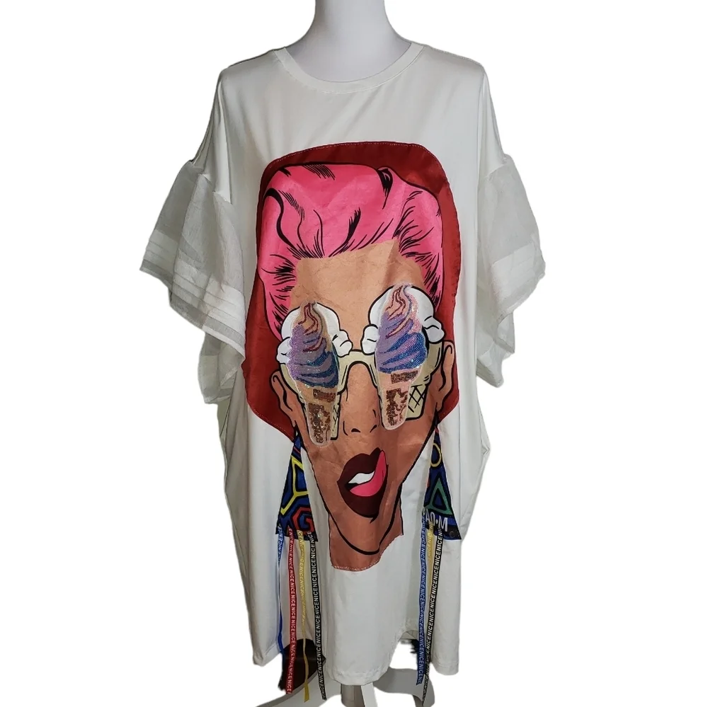 Novelty Print Sequin T-Shirt Mini Dress Size 2X ? Ice Cream Tassels Bell Sleeve - Picture 2 of 14